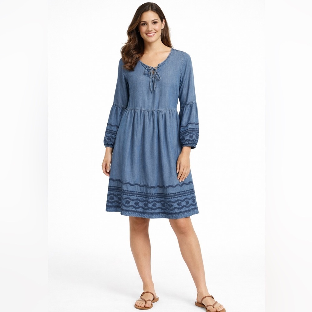 Skies Are Blue Lyocell Denim Dress Size S Lace-Up Neck Embroidered